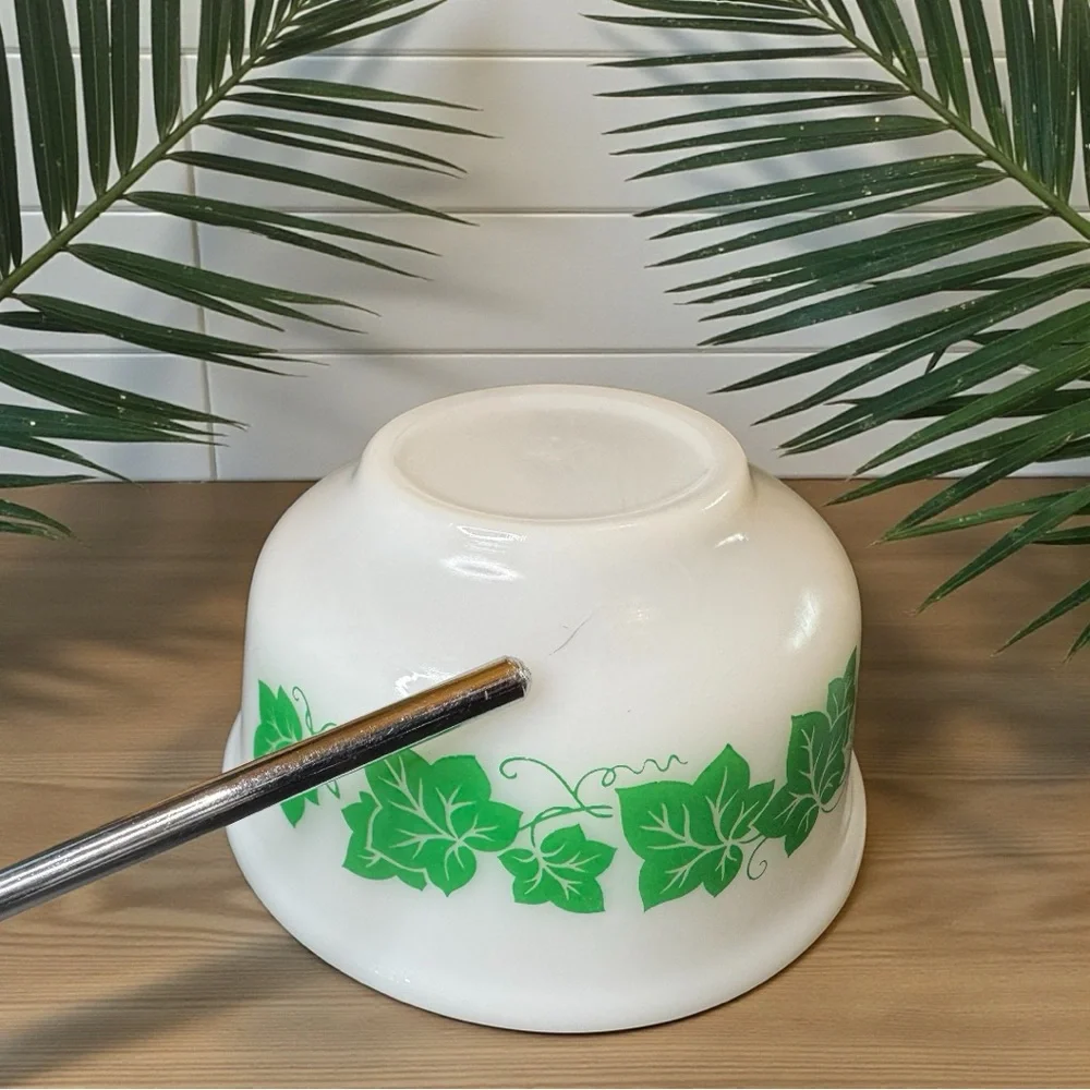 Vintage Hazel Atlas “Ivy” Small Mixing Bowl – Green Leaf Pattern – Milk Glass